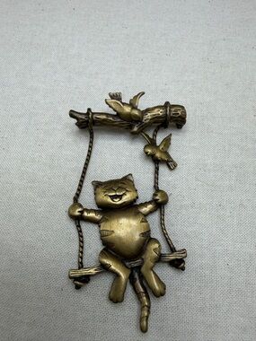 Vintage JJ Cat on Swing Brooch with Birds - Playful Jewelry